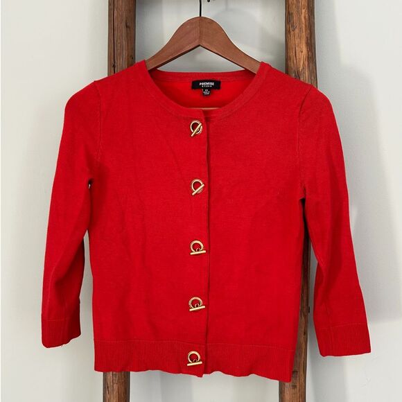 Premise Orange Cropped Cardigan with Gold Toggle Buttons 3/4 Sleeve  Sweater S - Picture 1 of 2